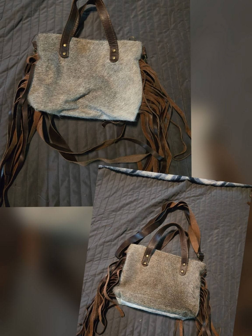 Brown -gray Cowhide Leather Small Tote/ Crossbody Bag in Gray and Brown - Picture 1 of 2